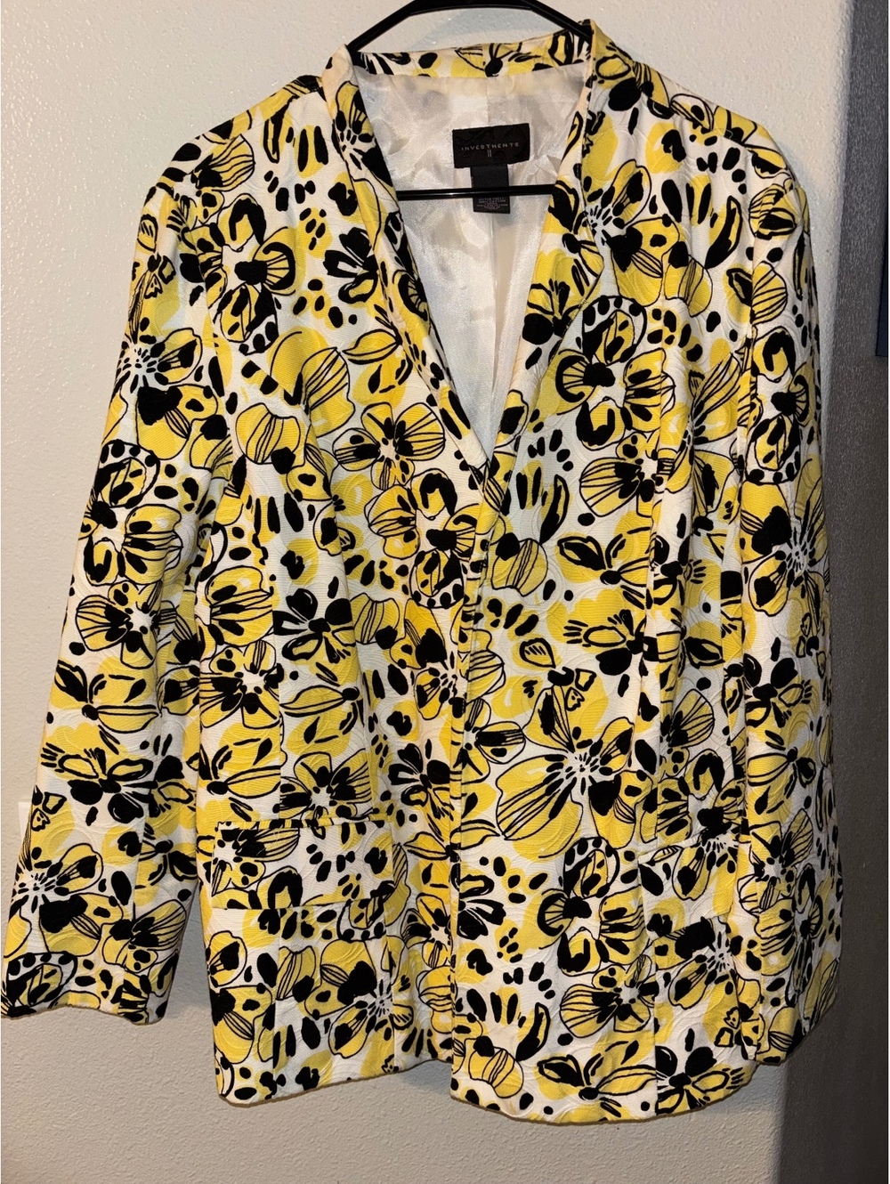 Investments Plus Size 20W Yellow Black Floral Polka Dot Cotton Blazer Jacket